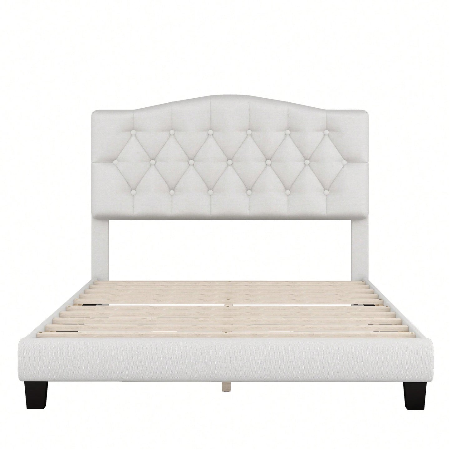 Upholstered Full Platform Bed With Saddle Curved Headboard And Diamond Tufted Design Beige