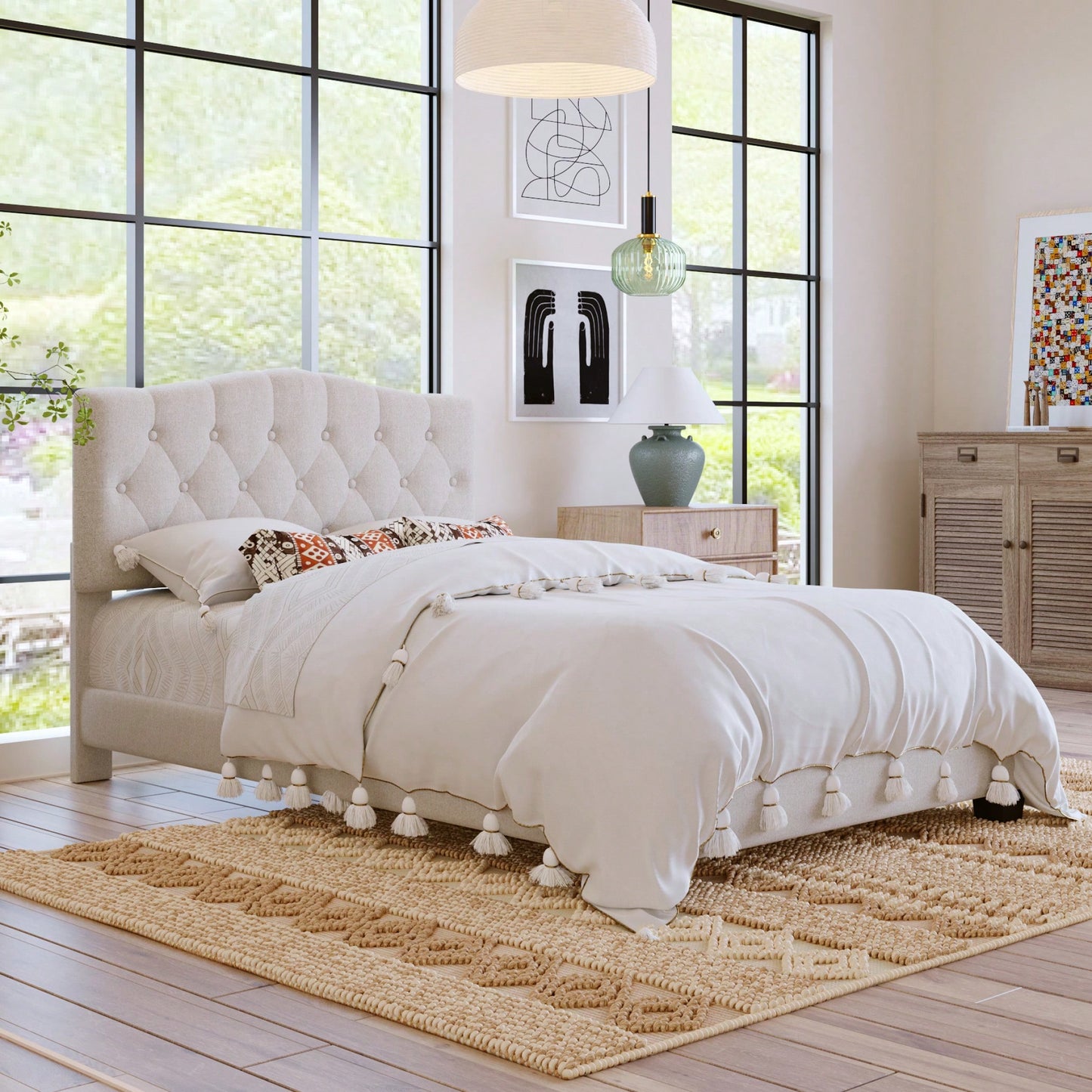 Upholstered Full Platform Bed With Saddle Curved Headboard And Diamond Tufted Design Beige