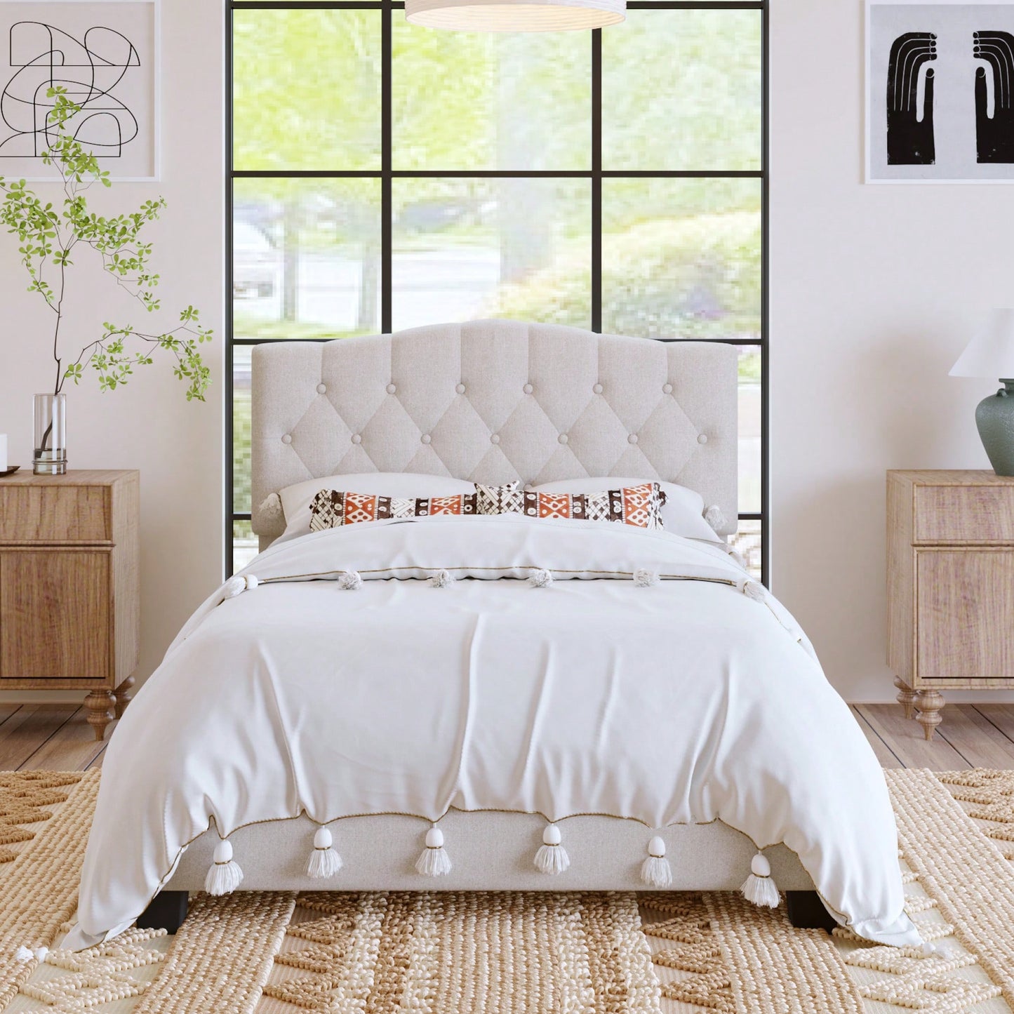 Upholstered Full Platform Bed With Saddle Curved Headboard And Diamond Tufted Design Beige