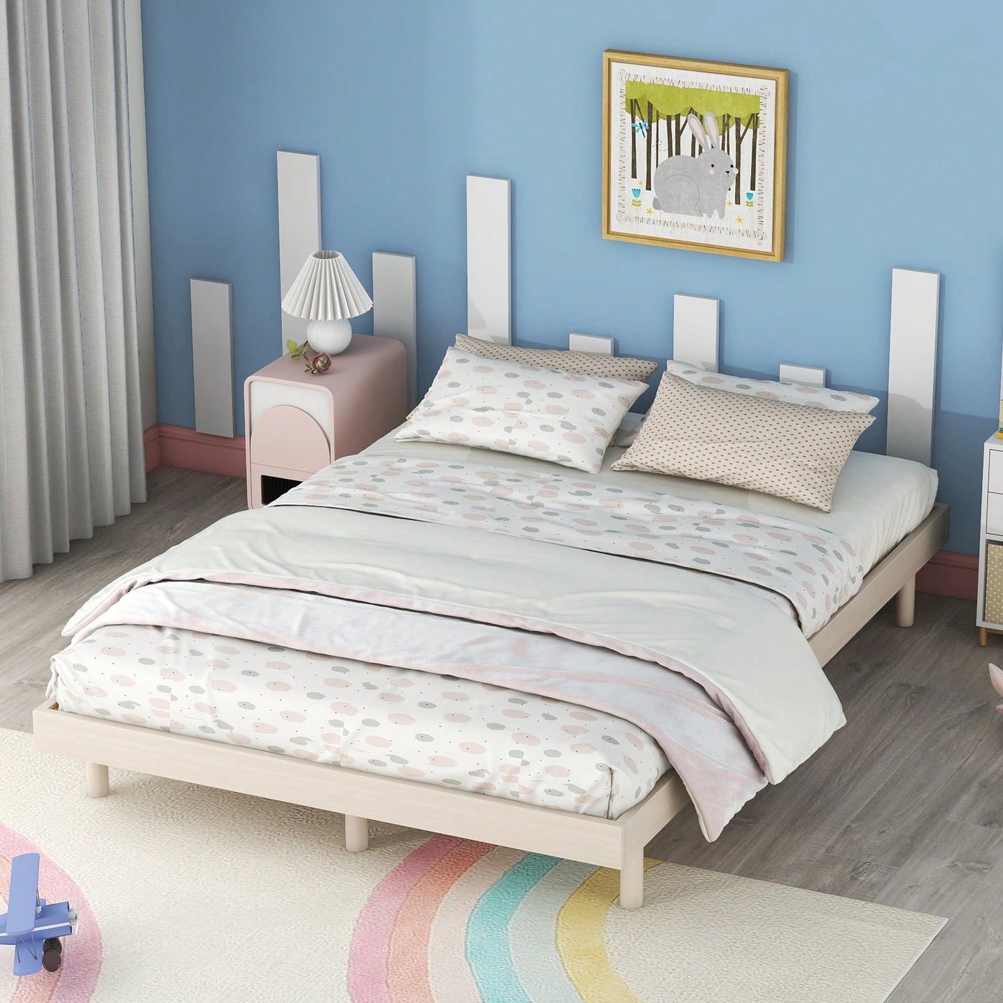 Modern White Washed Full Floating Platform Bed Frame For Stylish Bedroom Decor