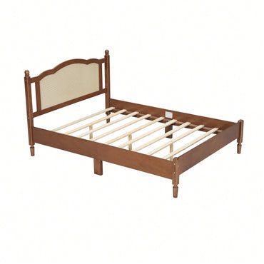 Queen Size Wooden Platform Bed With Rattan Headboard Vintage Style Bed Frame Walnut Finish With Wooden Slat Support
