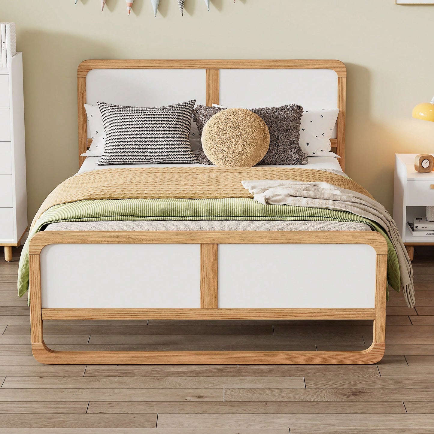 Contemporary Queen Size Solid Wood Platform Bed For Kids And Adults No Box Spring Needed Walnut And White Finish