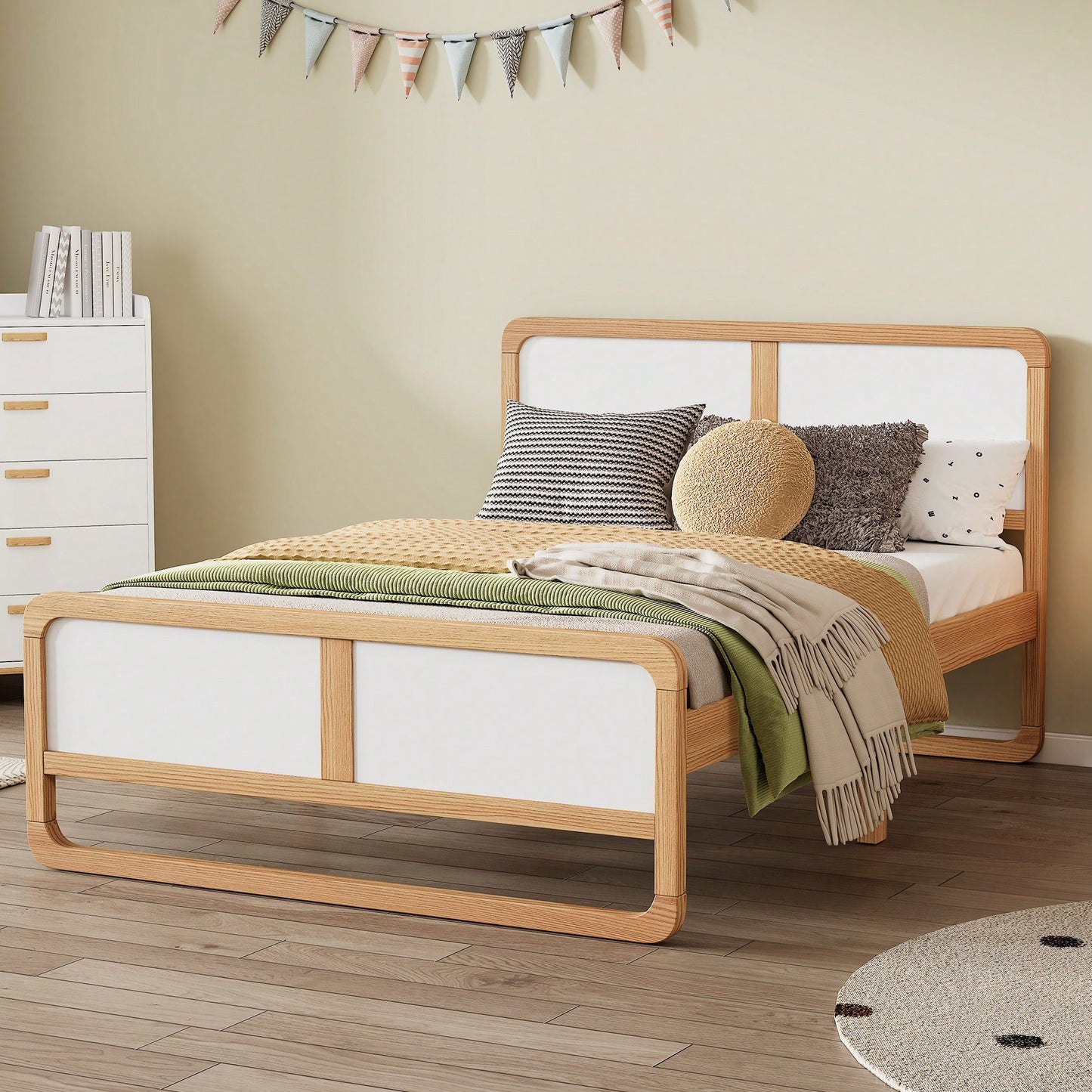 Contemporary Queen Size Solid Wood Platform Bed For Kids And Adults No Box Spring Needed Walnut And White Finish