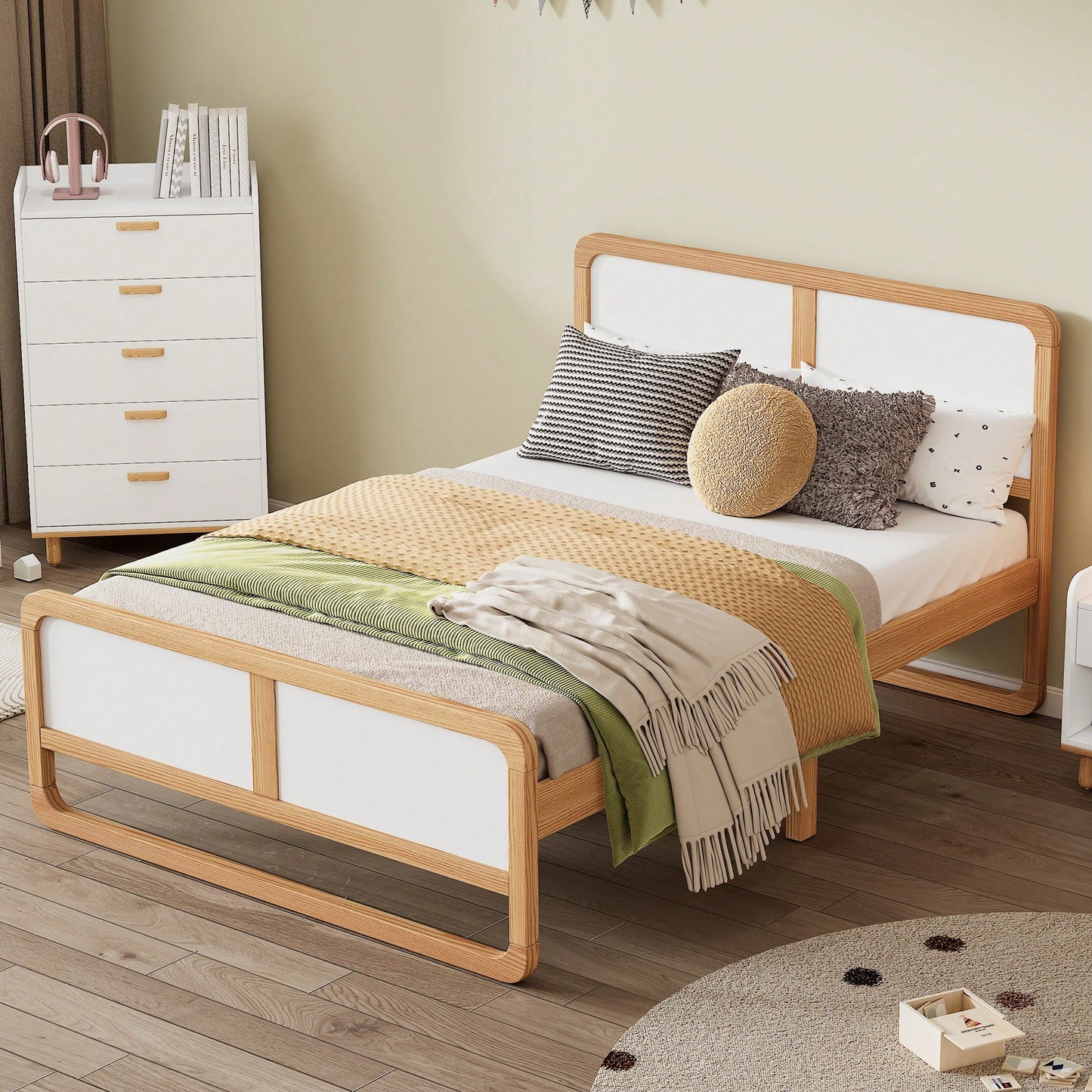 Contemporary Queen Size Solid Wood Platform Bed For Kids And Adults No Box Spring Needed Walnut And White Finish
