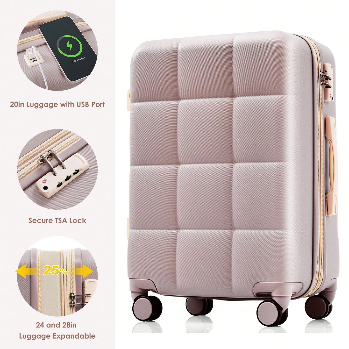 4 Piece Expandable 20-Inch Luggage Set With USB Port Durable Hard Shell Suitcase Travel Bag And Spinner Wheels Light Grey