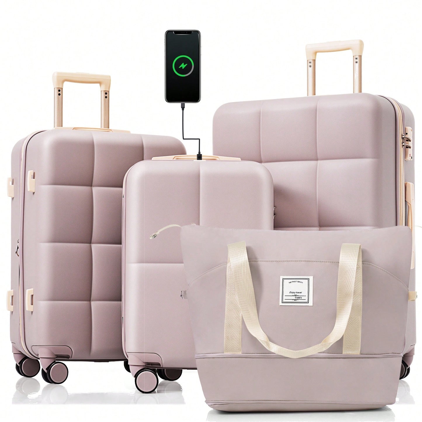 4 Piece Expandable 20-Inch Luggage Set With USB Port Durable Hard Shell Suitcase Travel Bag And Spinner Wheels Light Grey
