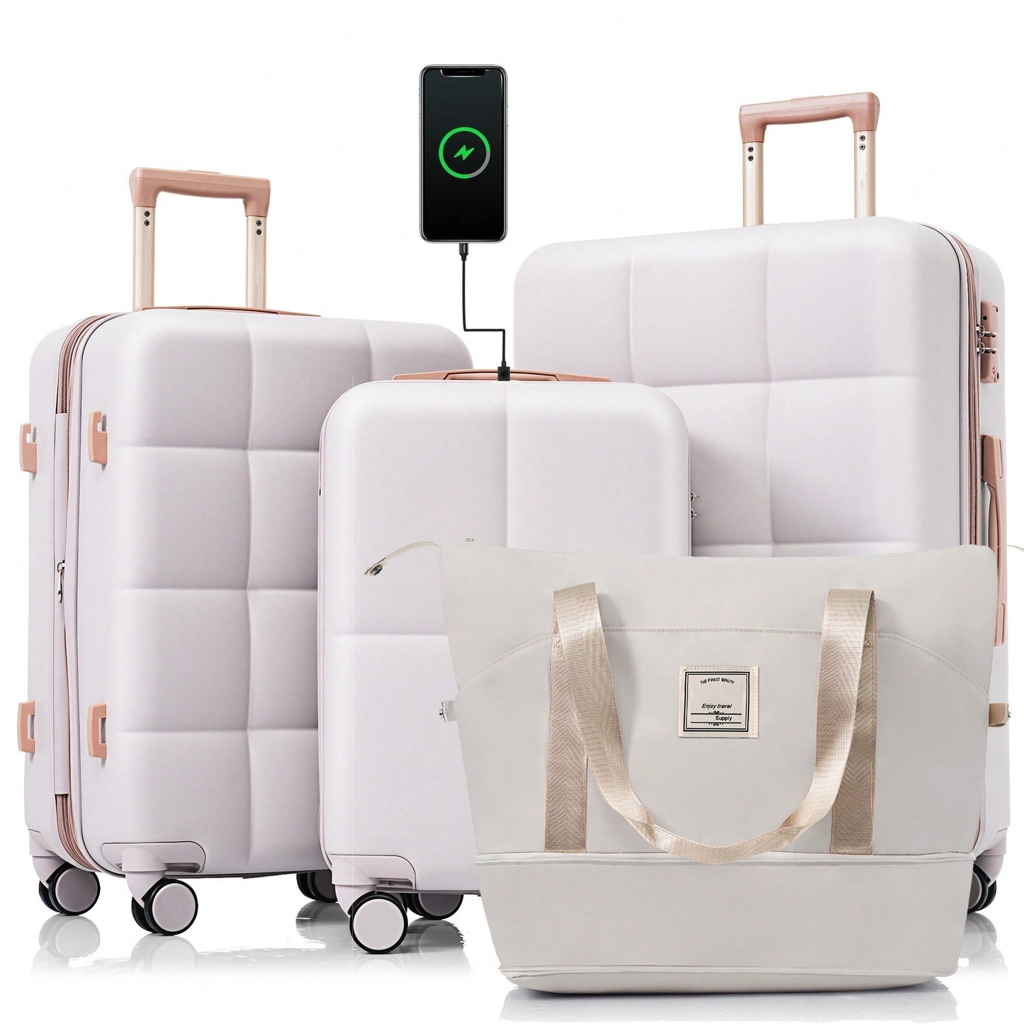 4 Piece Expandable 20-Inch Luggage Set With USB Port Durable Hard Shell Suitcase Travel Bag And Spinner Wheels Light Grey