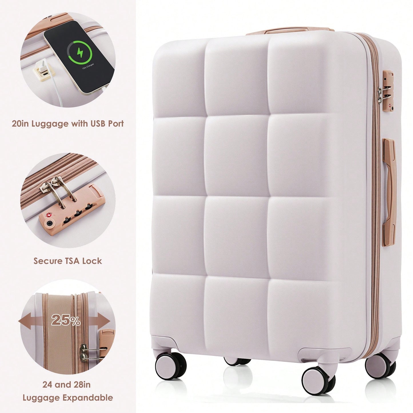 4 Piece Expandable 20-Inch Luggage Set With USB Port Durable Hard Shell Suitcase Travel Bag And Spinner Wheels Light Grey