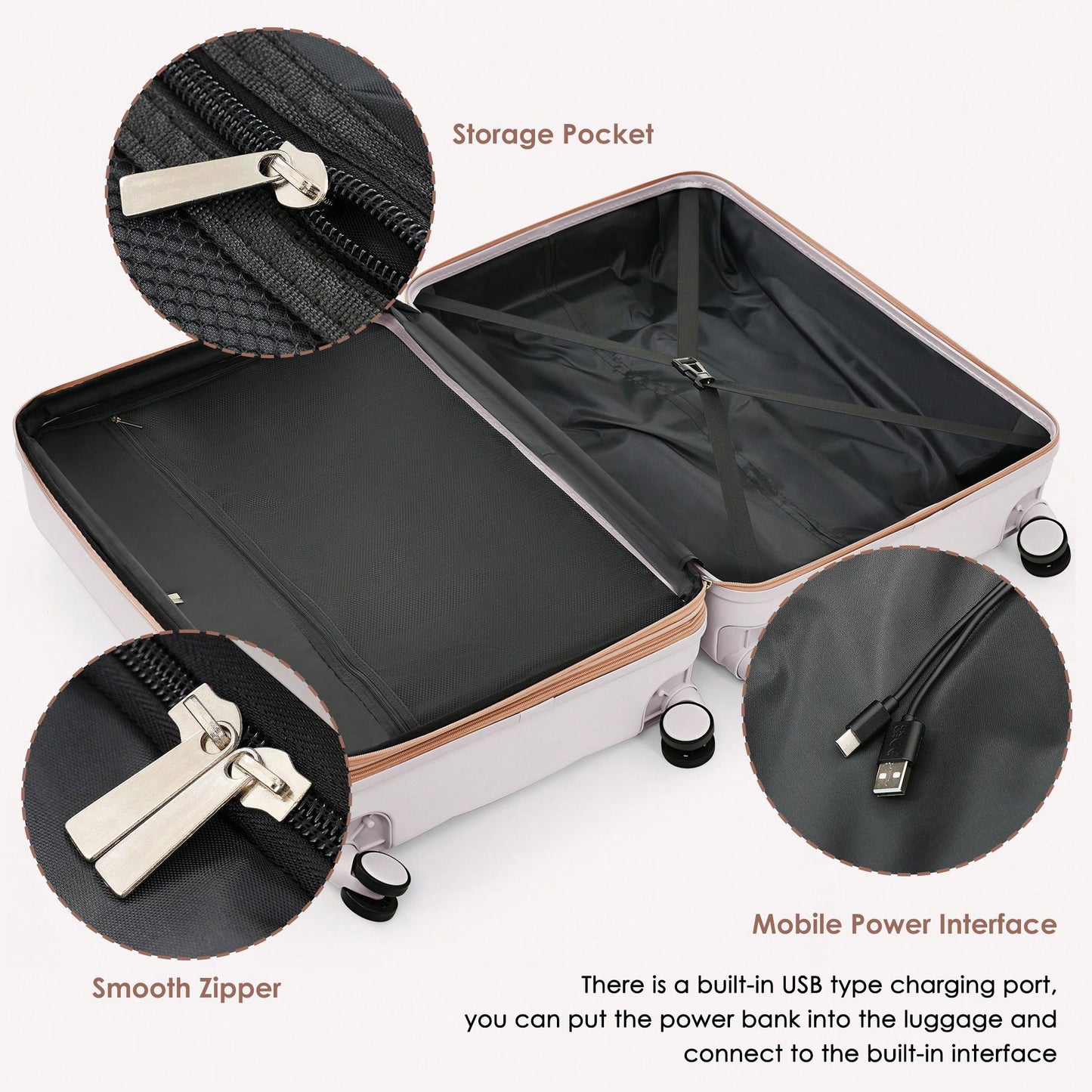 4 Piece Expandable 20-Inch Luggage Set With USB Port Durable Hard Shell Suitcase Travel Bag And Spinner Wheels Light Grey
