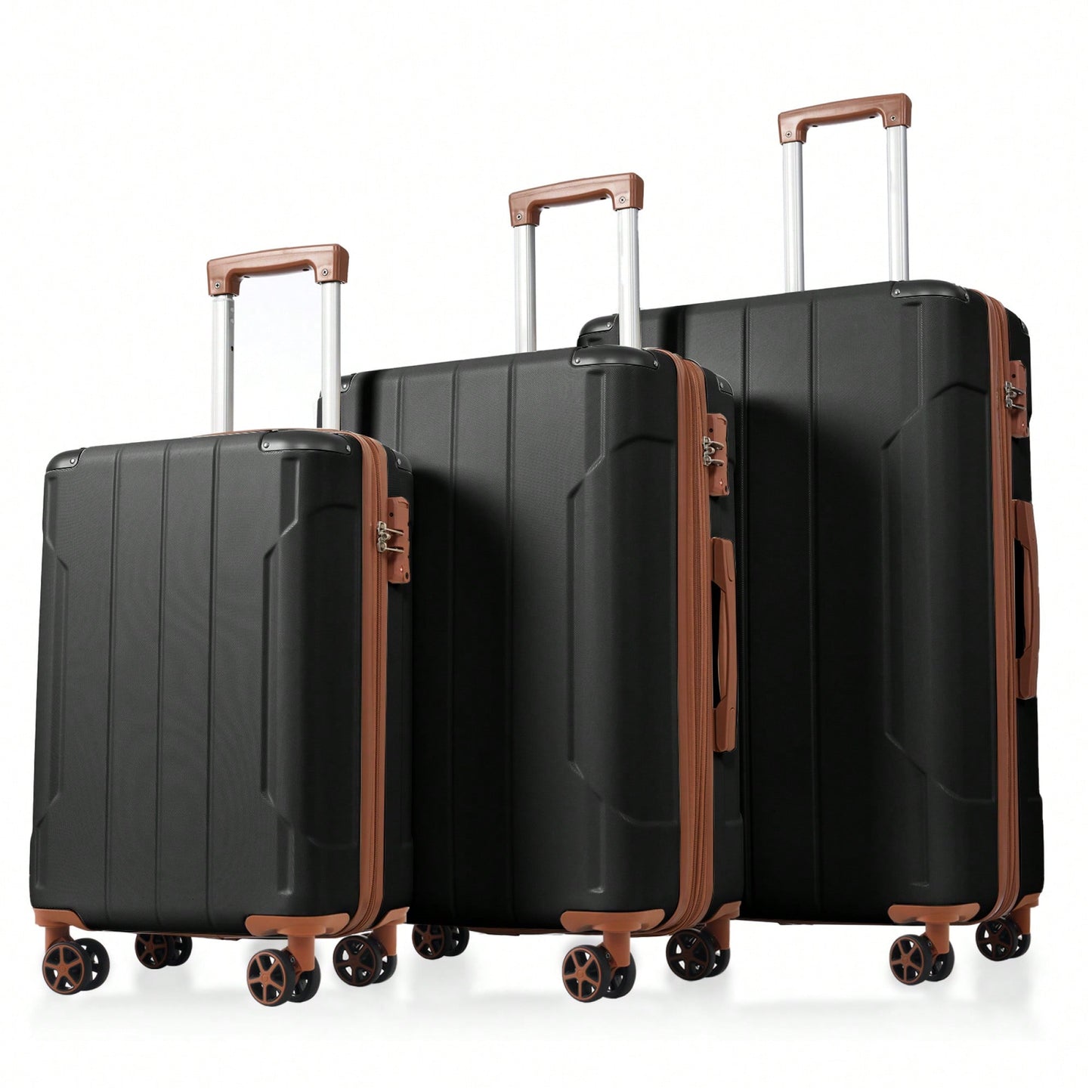 Expandable 3 Piece Hard Shell Luggage Set With Double Spinner Wheels And TSA Lock - Black Brown 20/24/28 Inch Suitcases