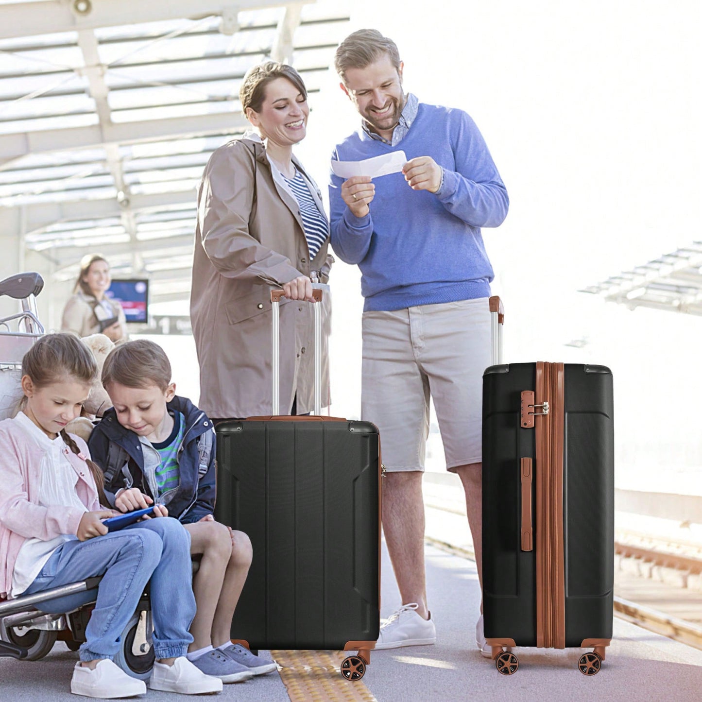 Expandable 3 Piece Hard Shell Luggage Set With Double Spinner Wheels And TSA Lock - Black Brown 20/24/28 Inch Suitcases
