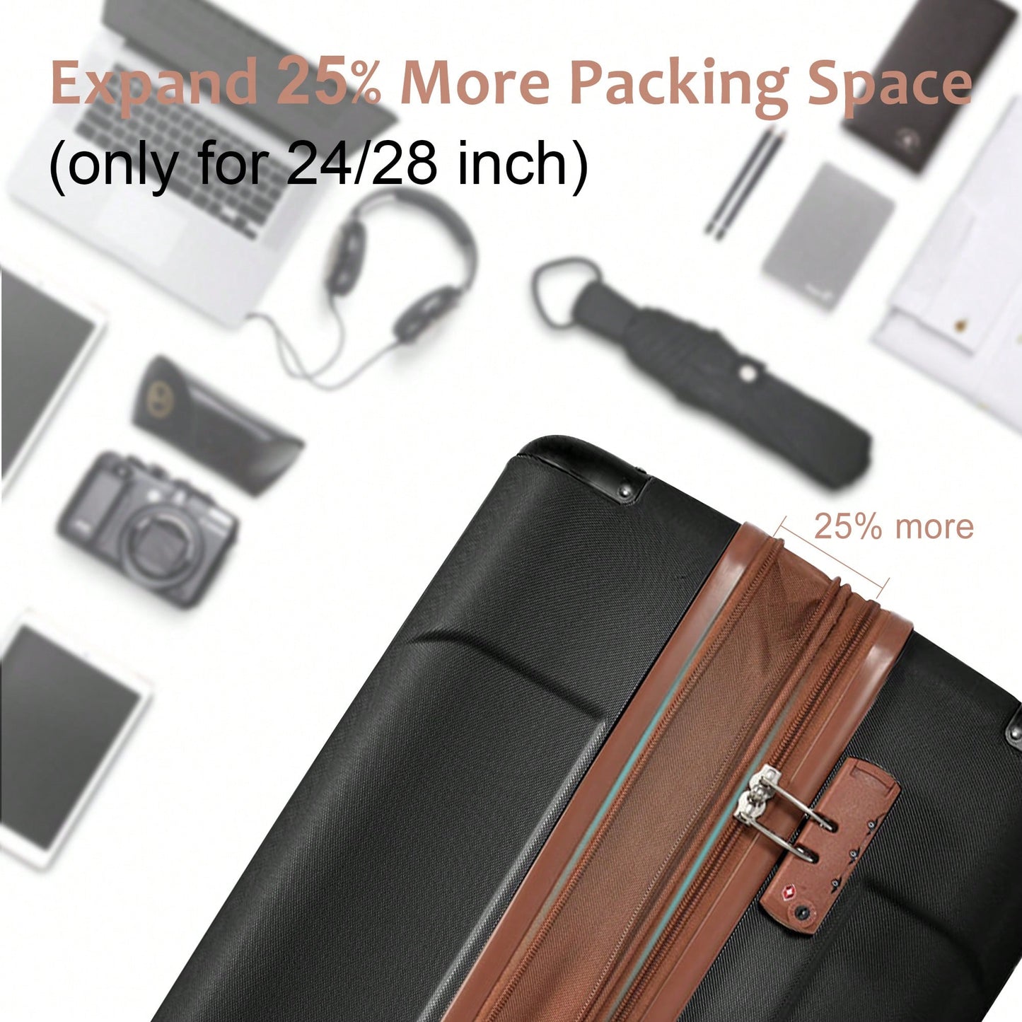 Expandable 3 Piece Hard Shell Luggage Set With Double Spinner Wheels And TSA Lock - Black Brown 20/24/28 Inch Suitcases