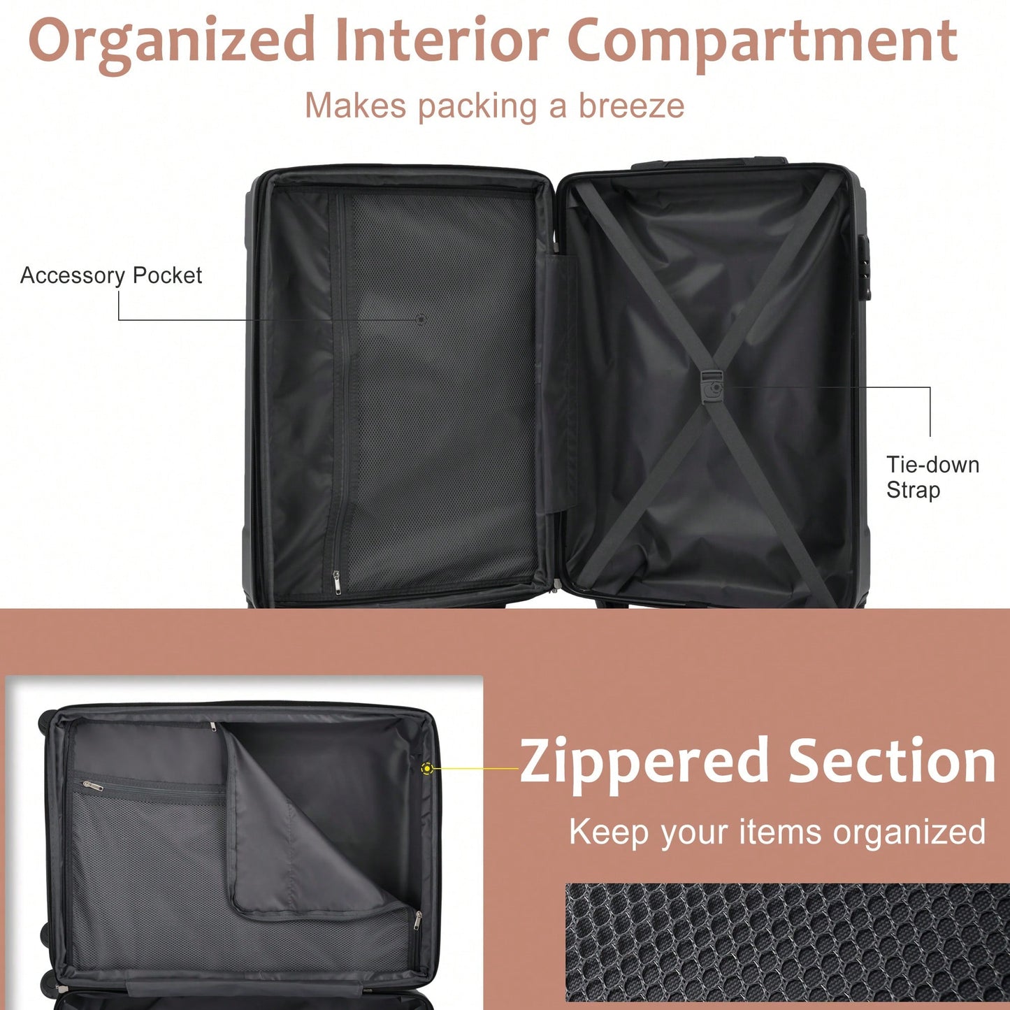 Expandable 3 Piece Hard Shell Luggage Set With Double Spinner Wheels And TSA Lock - Black Brown 20/24/28 Inch Suitcases