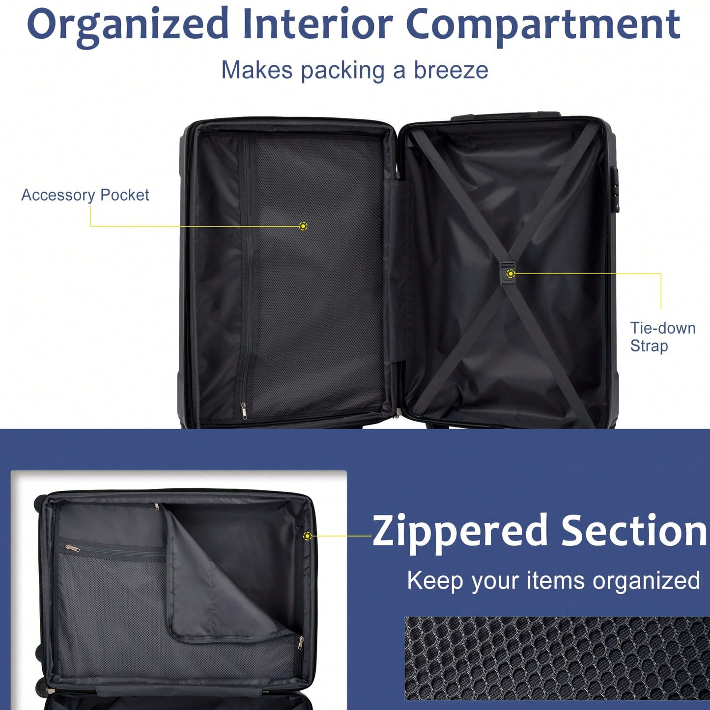 Expandable 3 Piece Hard Shell Luggage Set With Double Spinner Wheels And TSA Lock - Black Brown 20/24/28 Inch Suitcases