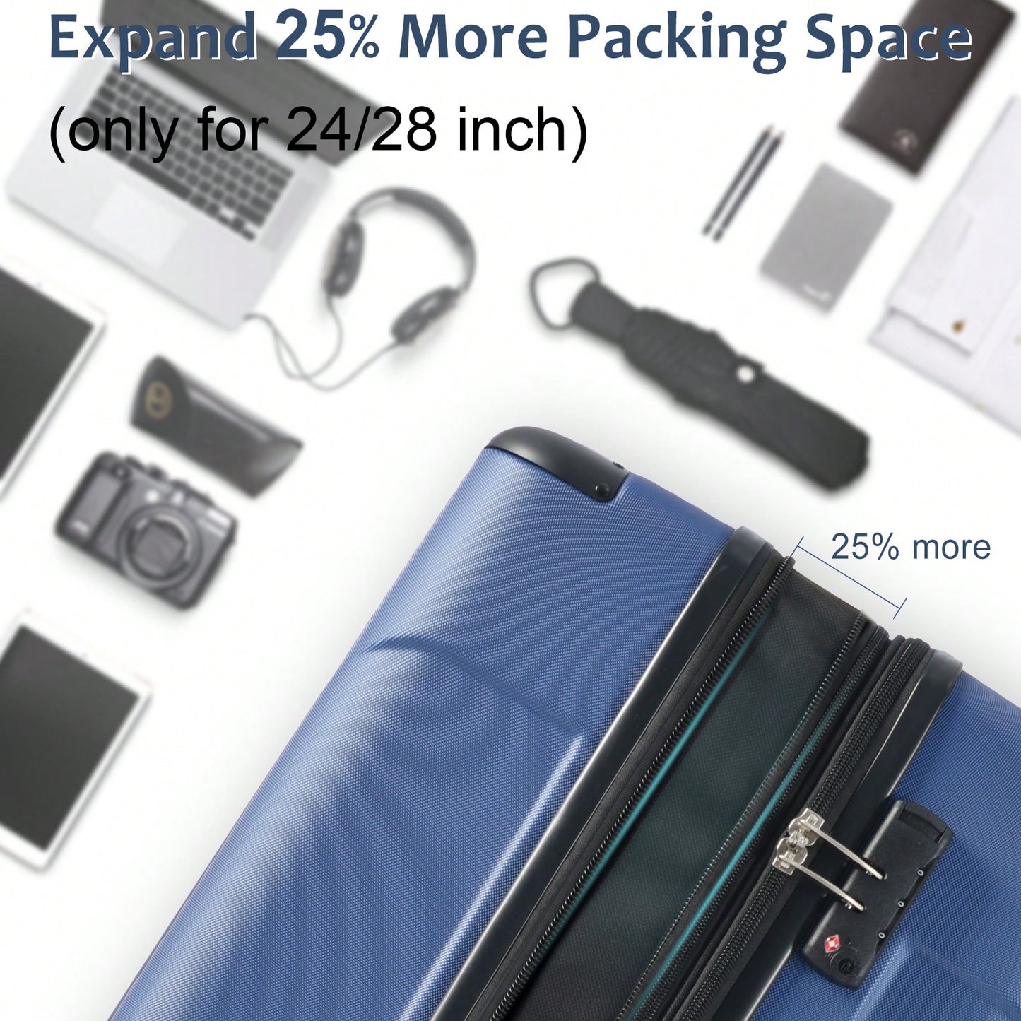 Expandable 3 Piece Hard Shell Luggage Set With Double Spinner Wheels And TSA Lock - Black Brown 20/24/28 Inch Suitcases