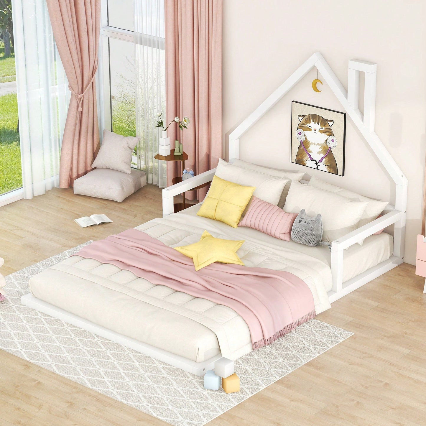 House-Shaped Headboard Full Size Wooden Bed In White Finish