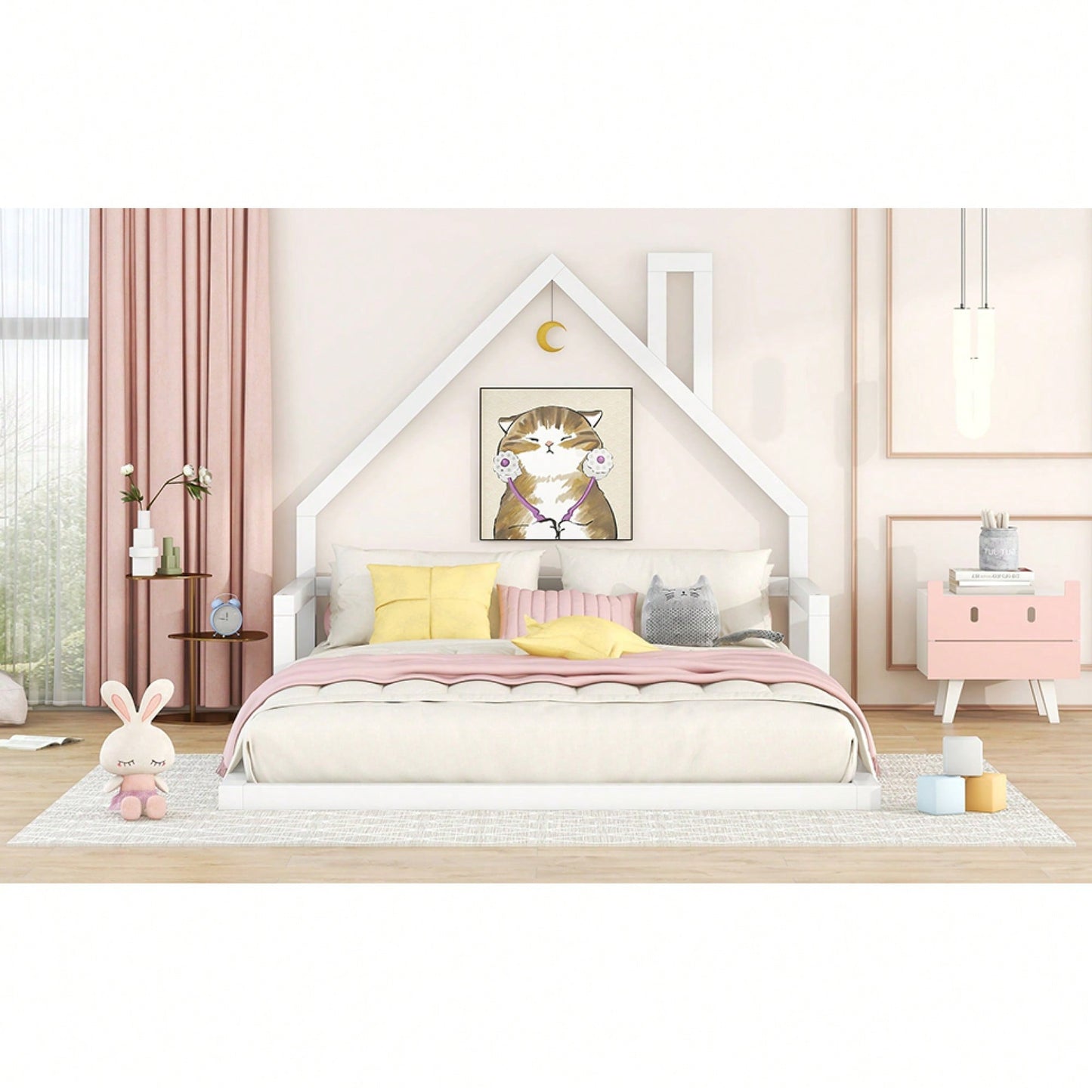 House-Shaped Headboard Full Size Wooden Bed In White Finish