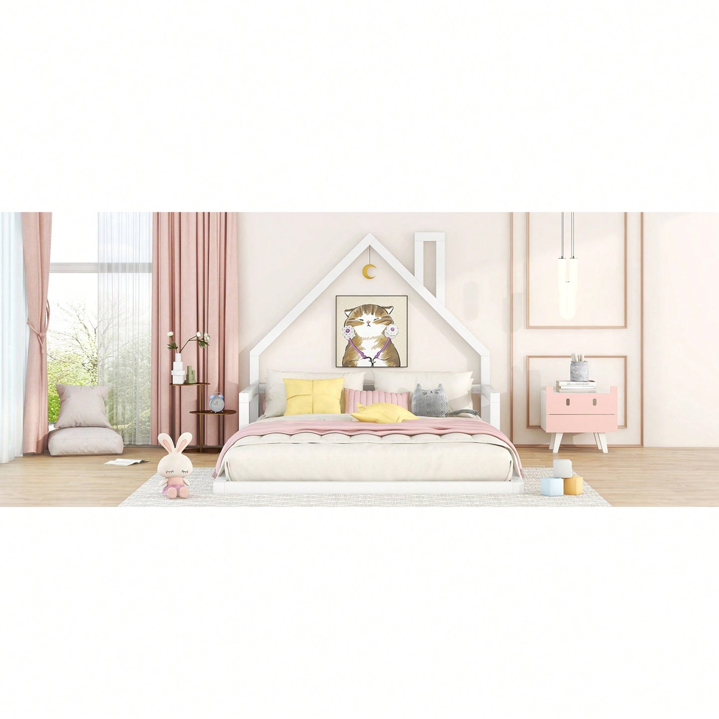 House-Shaped Headboard Full Size Wooden Bed In White Finish