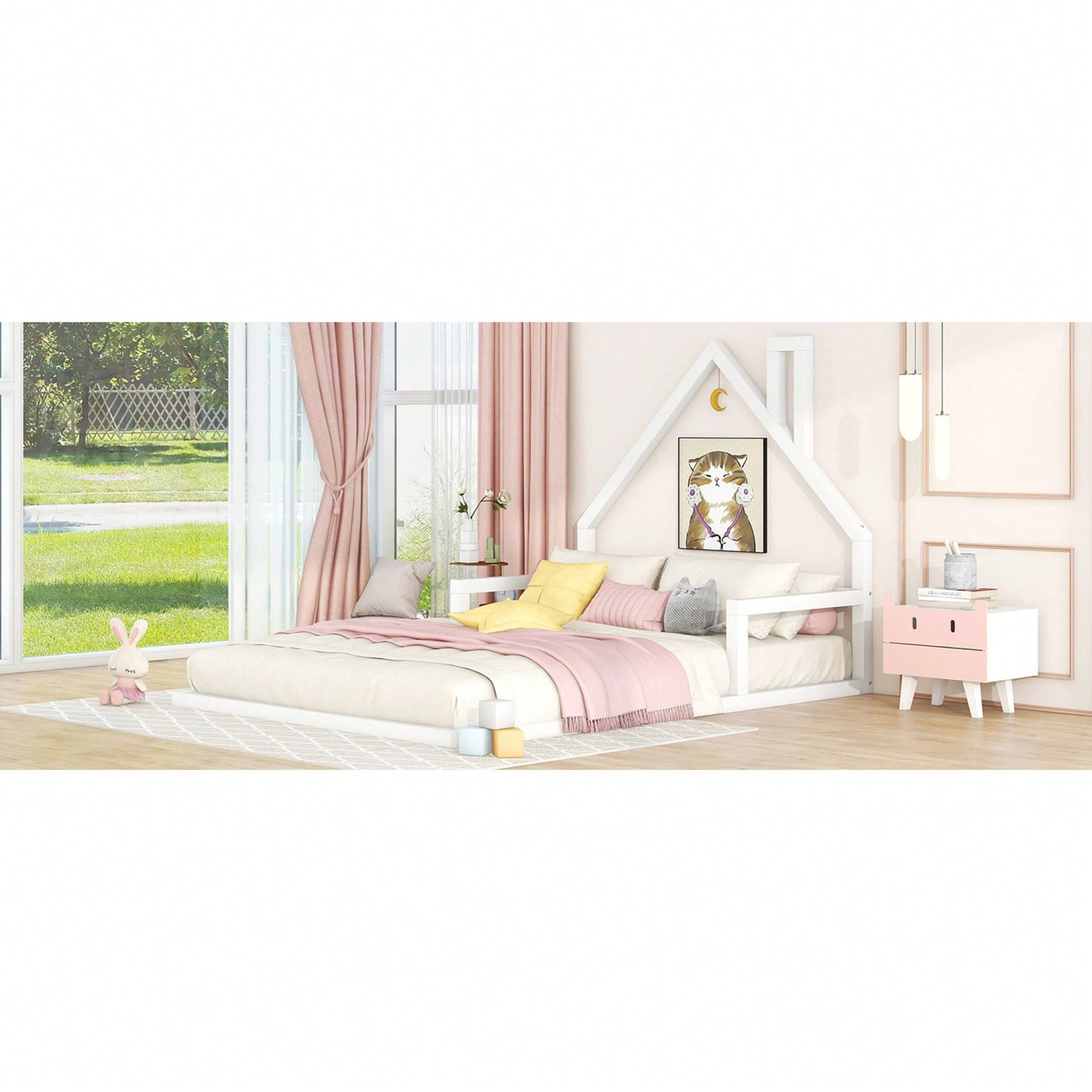 House-Shaped Headboard Full Size Wooden Bed In White Finish