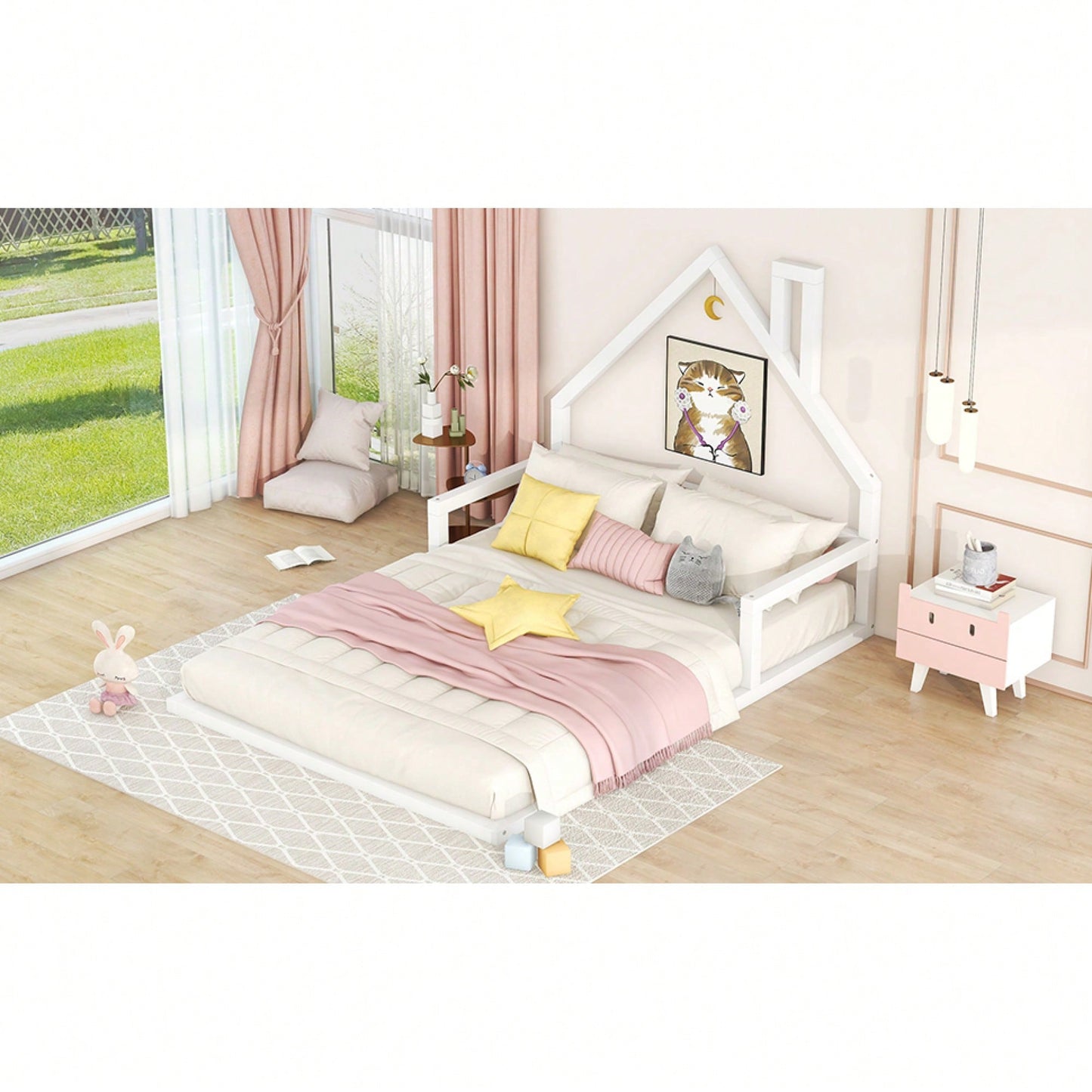 House-Shaped Headboard Full Size Wooden Bed In White Finish