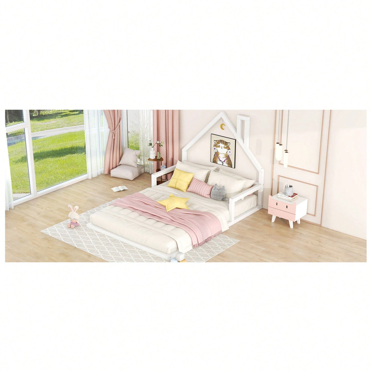 House-Shaped Headboard Full Size Wooden Bed In White Finish