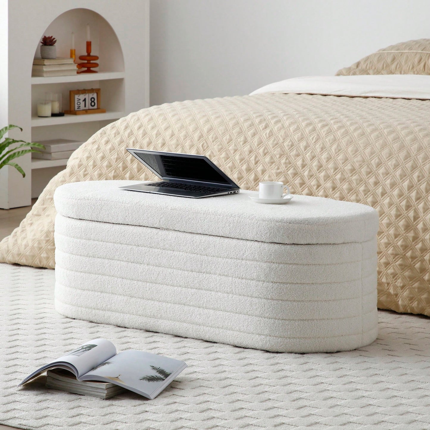 Upholstered Sherpa Fabric Storage Bench Large Ottoman For Bedroom Living Room Entryway Beige Toy And Shoe Organizer