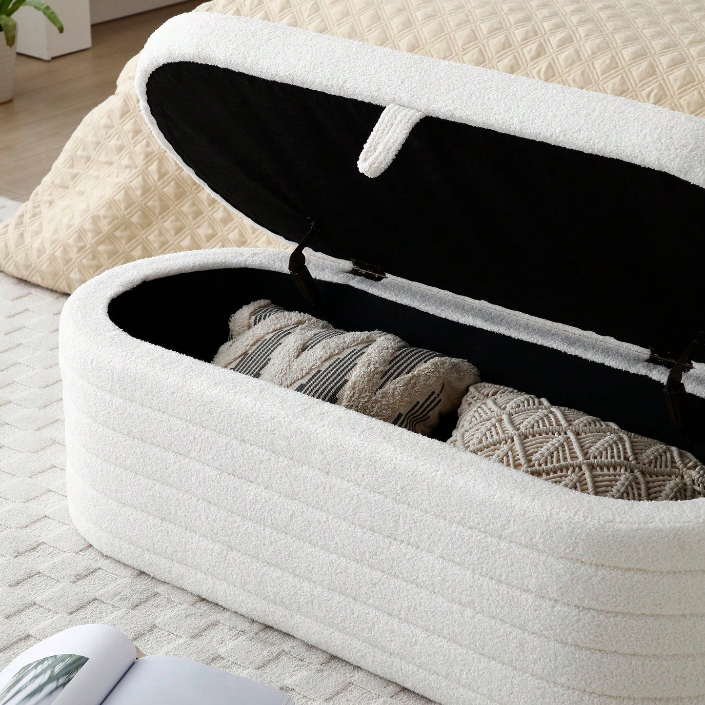 Upholstered Sherpa Fabric Storage Bench Large Ottoman For Bedroom Living Room Entryway Beige Toy And Shoe Organizer