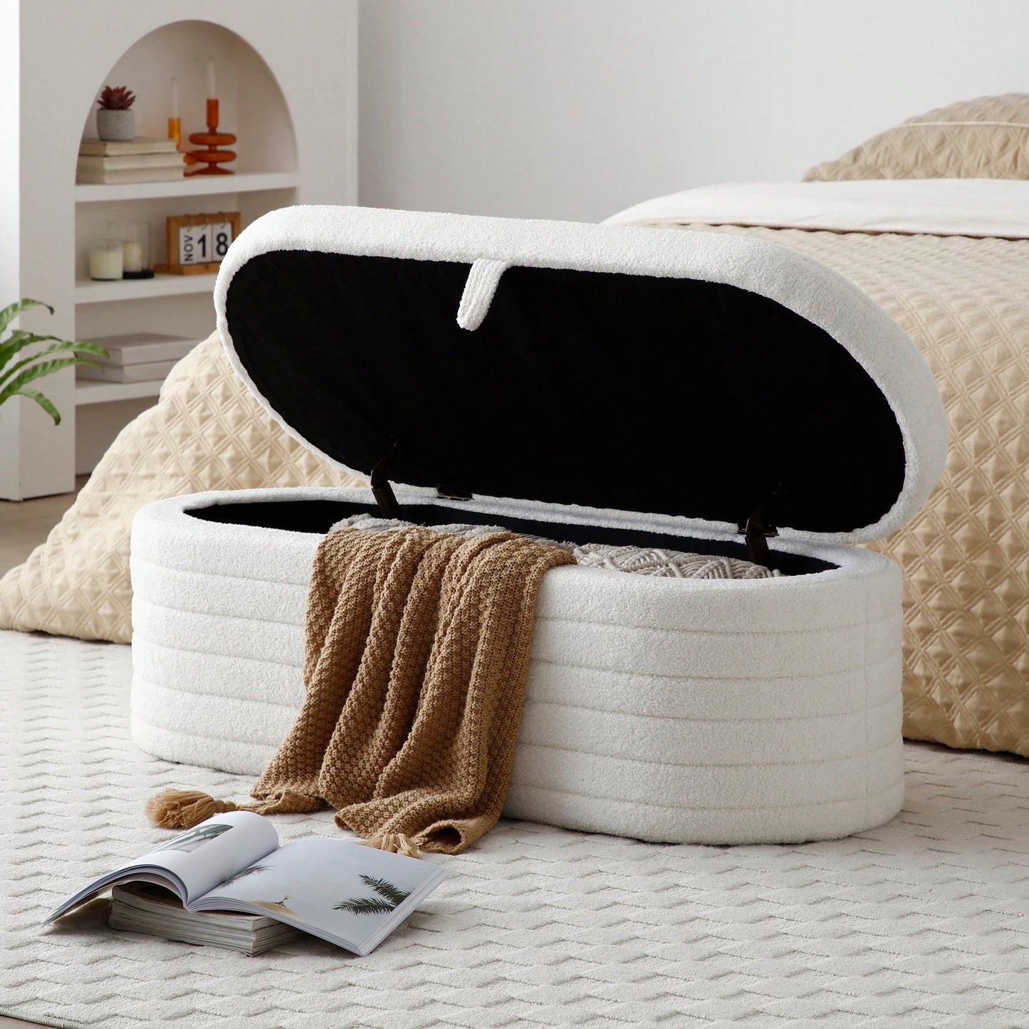 Upholstered Sherpa Fabric Storage Bench Large Ottoman For Bedroom Living Room Entryway Beige Toy And Shoe Organizer