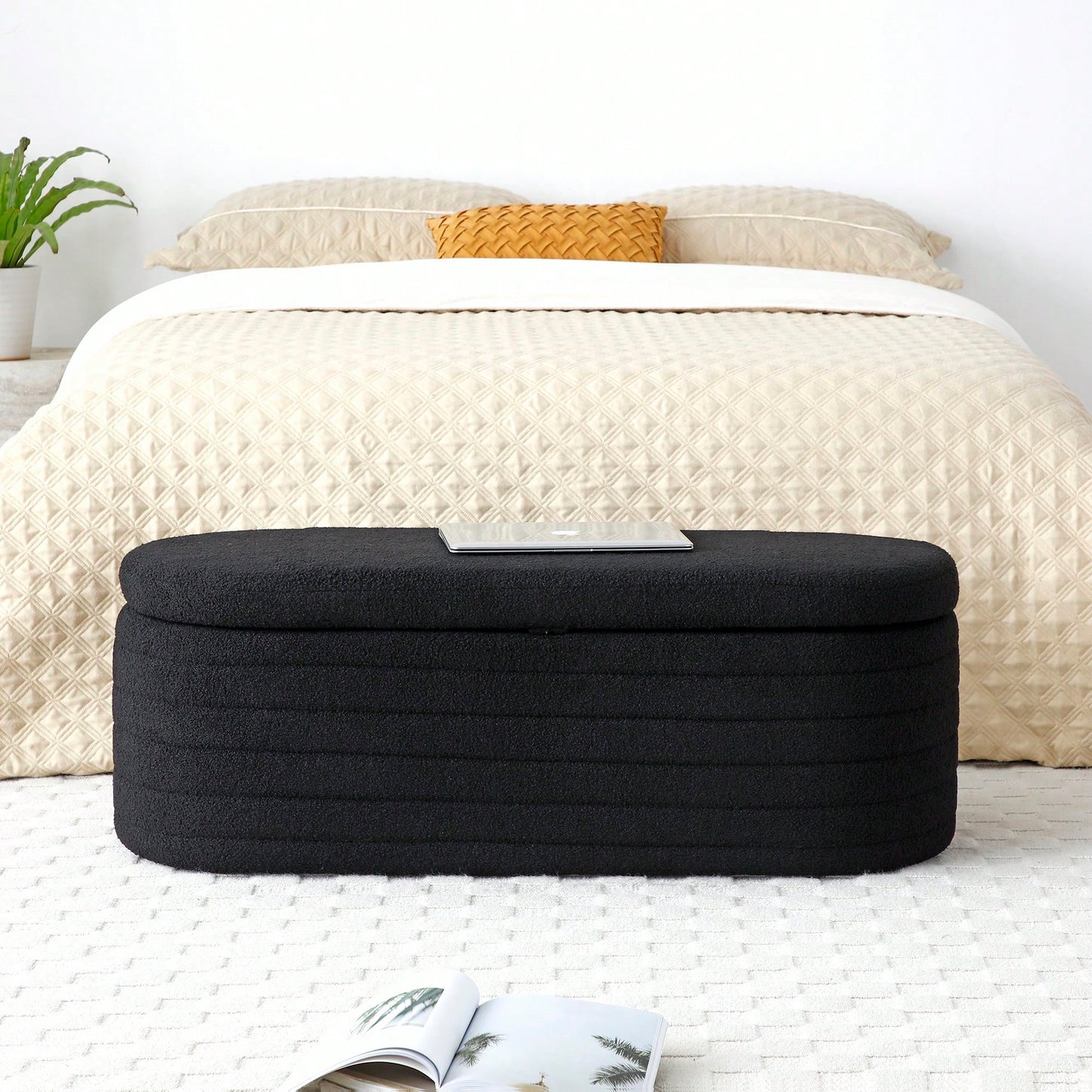 Upholstered Sherpa Fabric Storage Bench Large Ottoman For Bedroom Living Room Entryway Beige Toy And Shoe Organizer