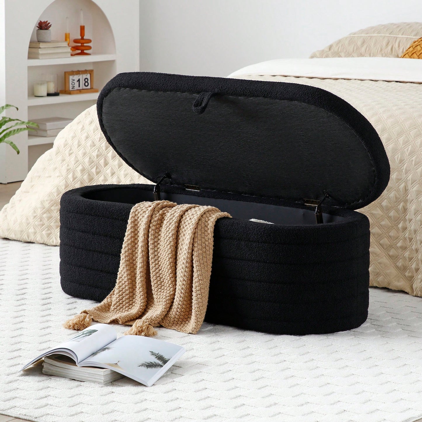 Upholstered Sherpa Fabric Storage Bench Large Ottoman For Bedroom Living Room Entryway Beige Toy And Shoe Organizer