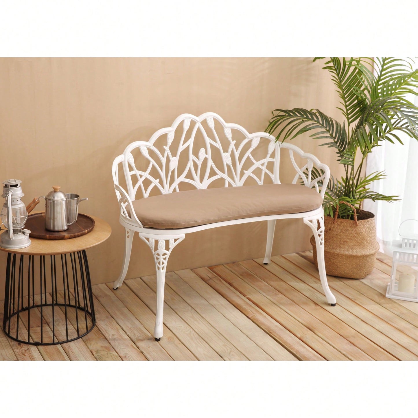 Floral Rose Design Cast Aluminum Outdoor Garden Bench With Cushions For Patio Park Lawn Yard Black