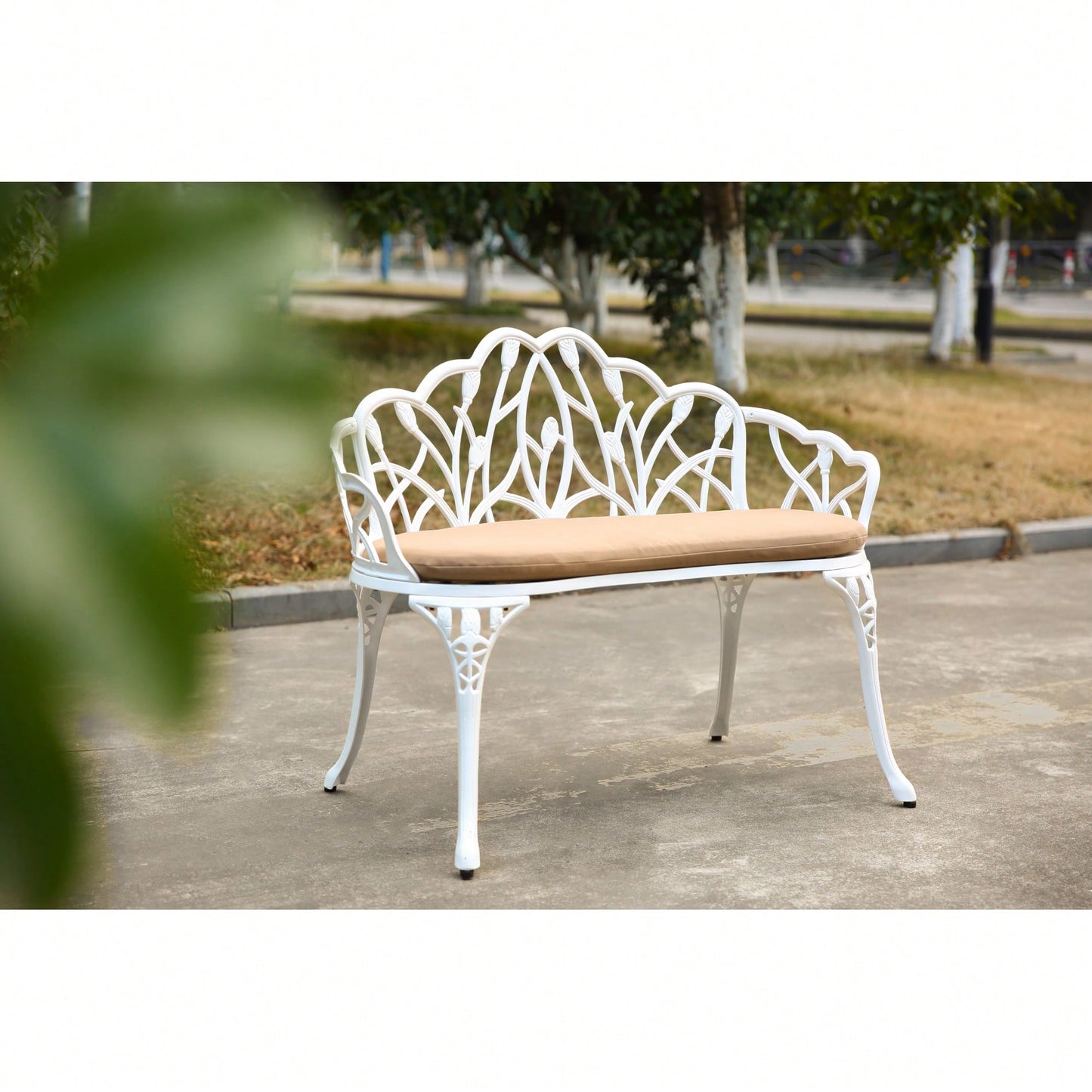 Floral Rose Design Cast Aluminum Outdoor Garden Bench With Cushions For Patio Park Lawn Yard Black