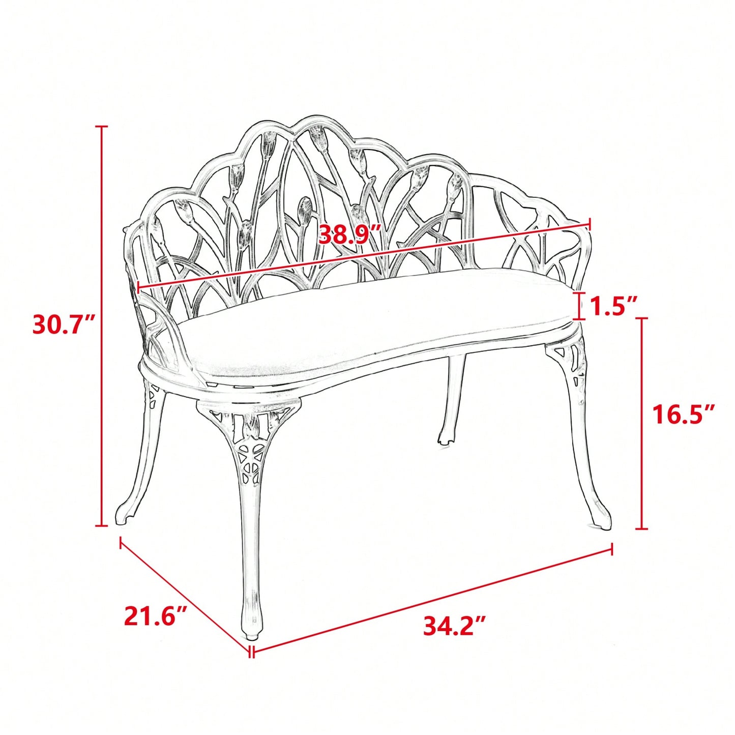Floral Rose Design Cast Aluminum Outdoor Garden Bench With Cushions For Patio Park Lawn Yard Black