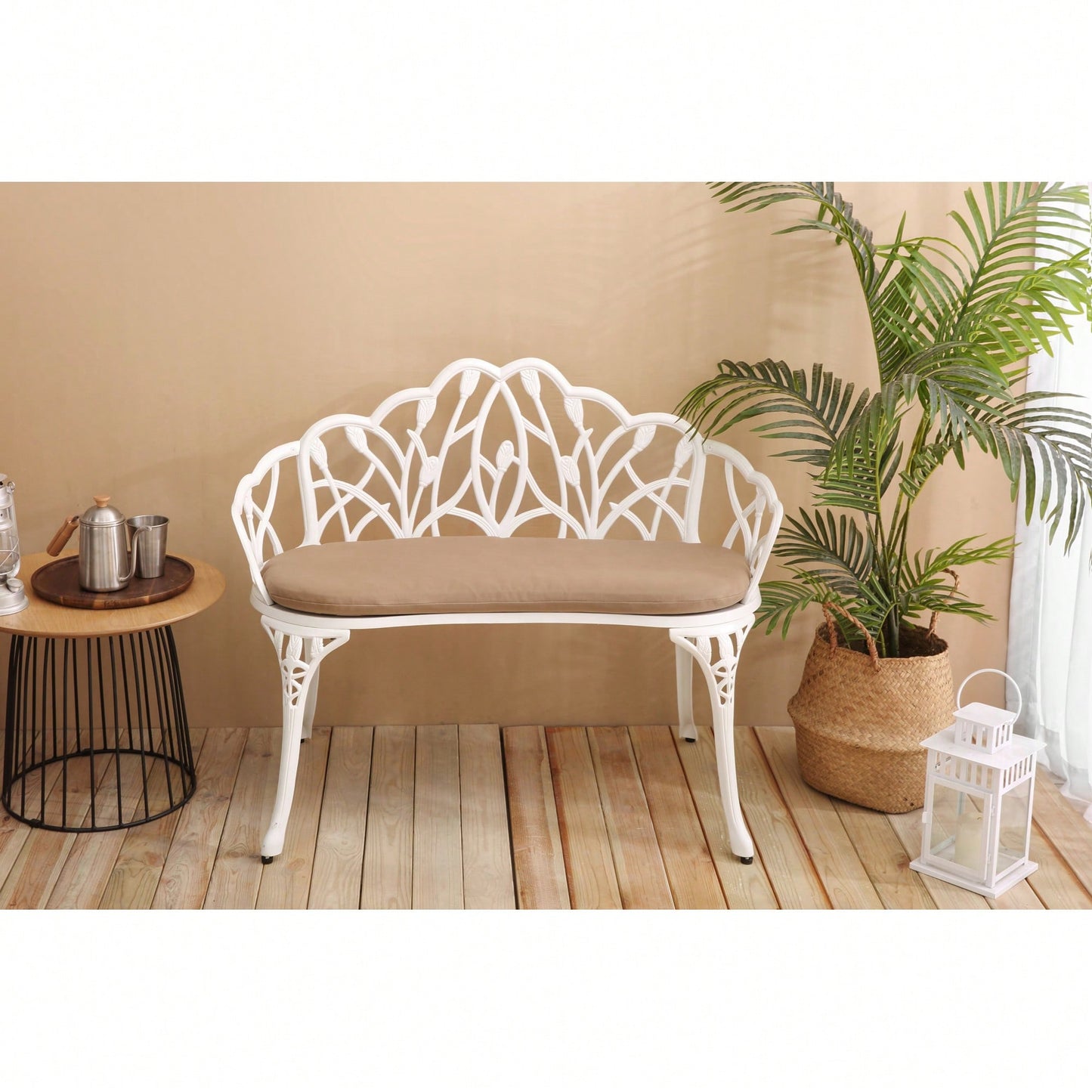 Floral Rose Design Cast Aluminum Outdoor Garden Bench With Cushions For Patio Park Lawn Yard Black