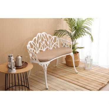 Floral Rose Design Cast Aluminum Outdoor Garden Bench With Cushions For Patio Park Lawn Yard Black