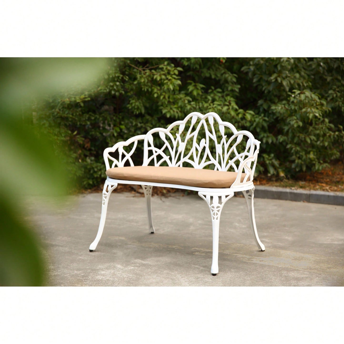 Floral Rose Design Cast Aluminum Outdoor Garden Bench With Cushions For Patio Park Lawn Yard Black