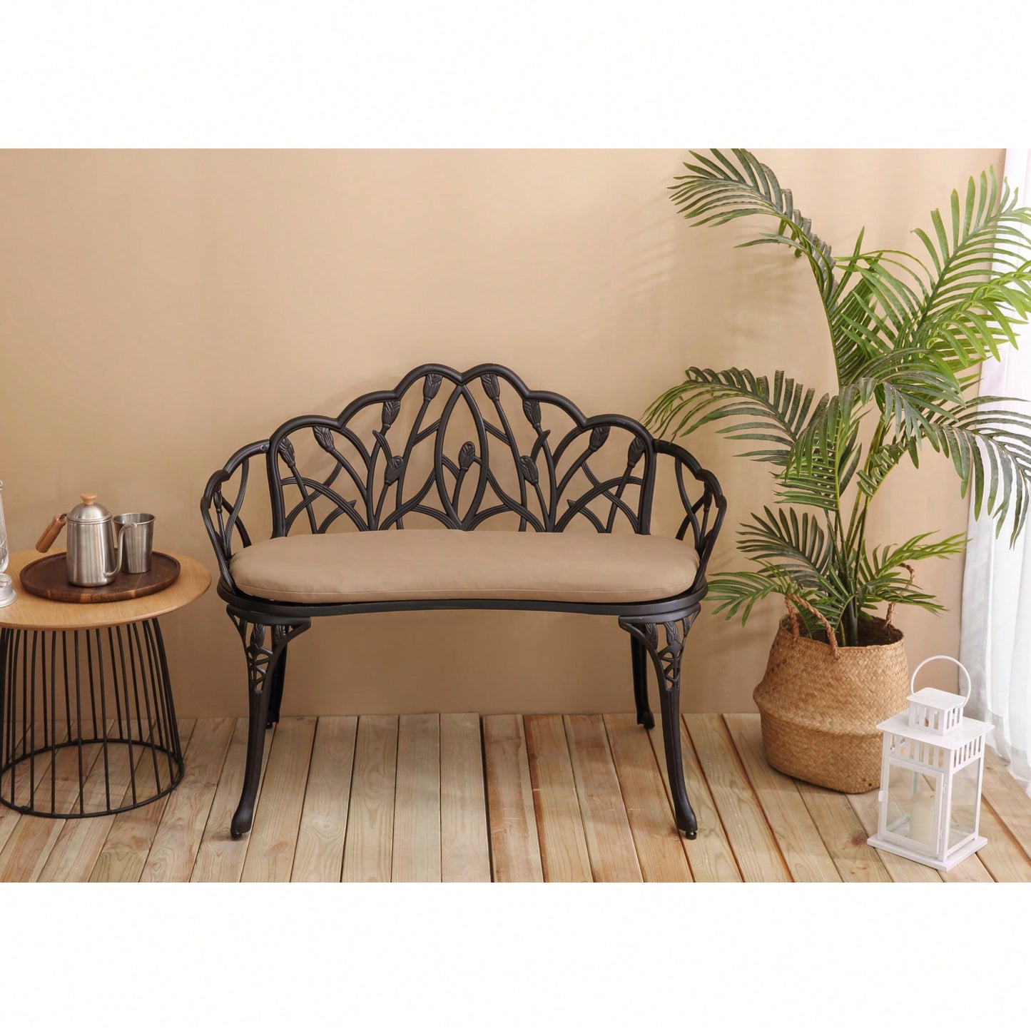 Floral Rose Design Cast Aluminum Outdoor Garden Bench With Cushions For Patio Park Lawn Yard Black
