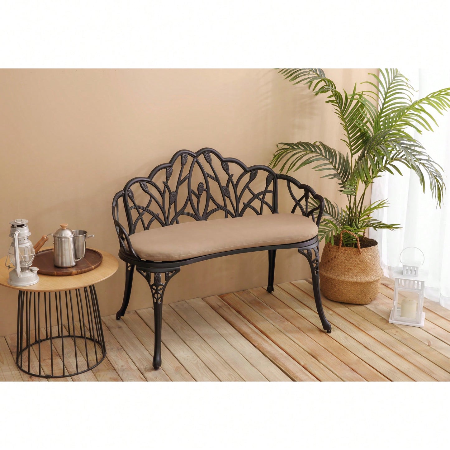 Floral Rose Design Cast Aluminum Outdoor Garden Bench With Cushions For Patio Park Lawn Yard Black
