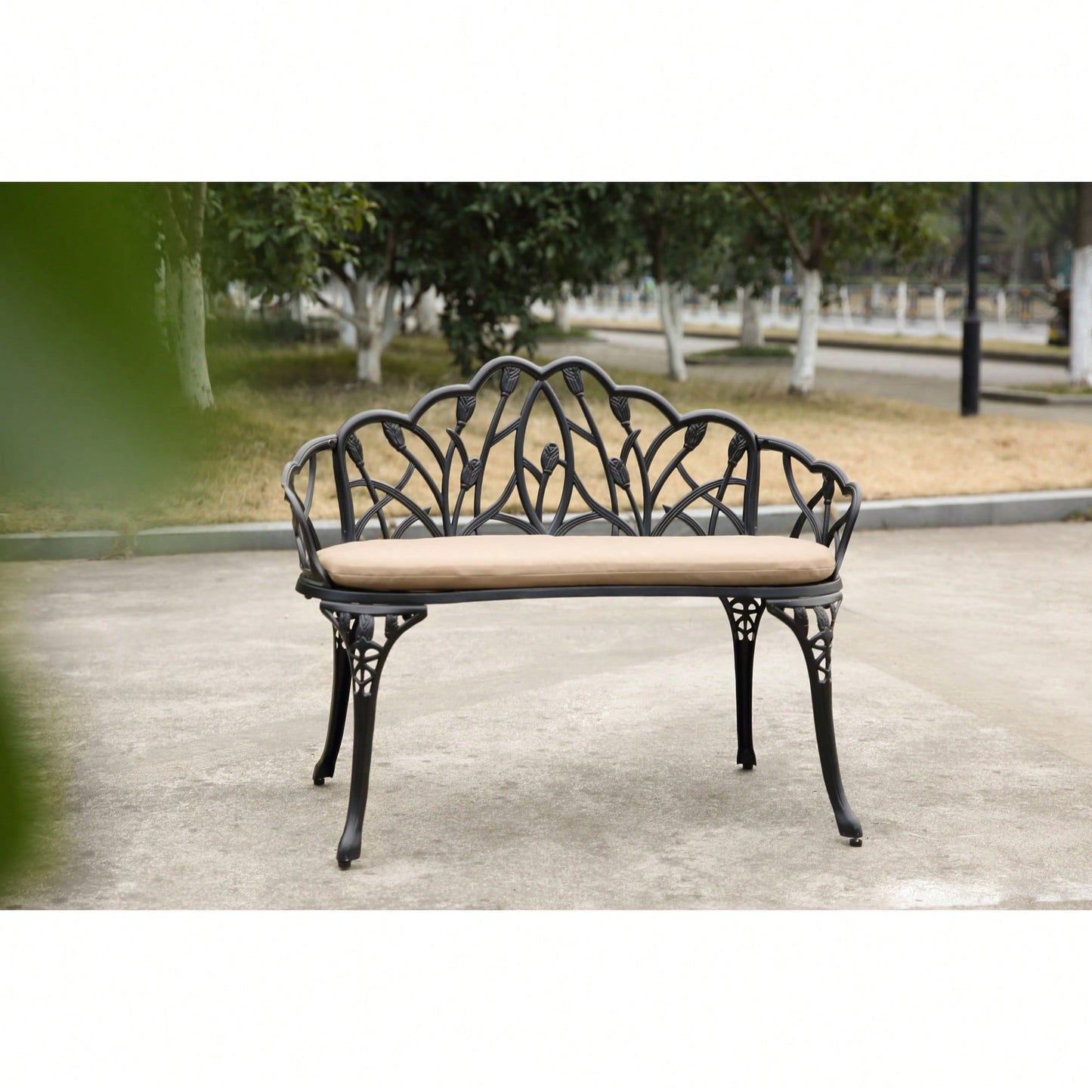 Floral Rose Design Cast Aluminum Outdoor Garden Bench With Cushions For Patio Park Lawn Yard Black