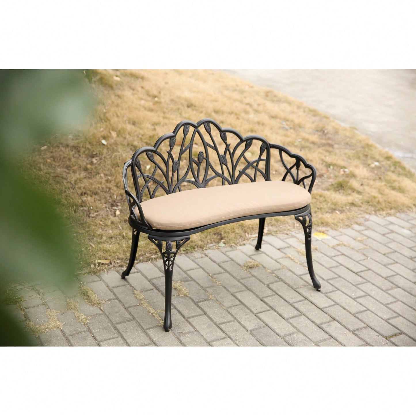 Floral Rose Design Cast Aluminum Outdoor Garden Bench With Cushions For Patio Park Lawn Yard Black