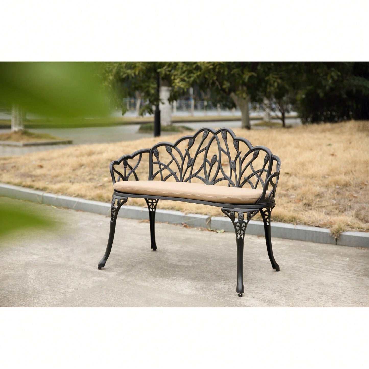 Floral Rose Design Cast Aluminum Outdoor Garden Bench With Cushions For Patio Park Lawn Yard Black