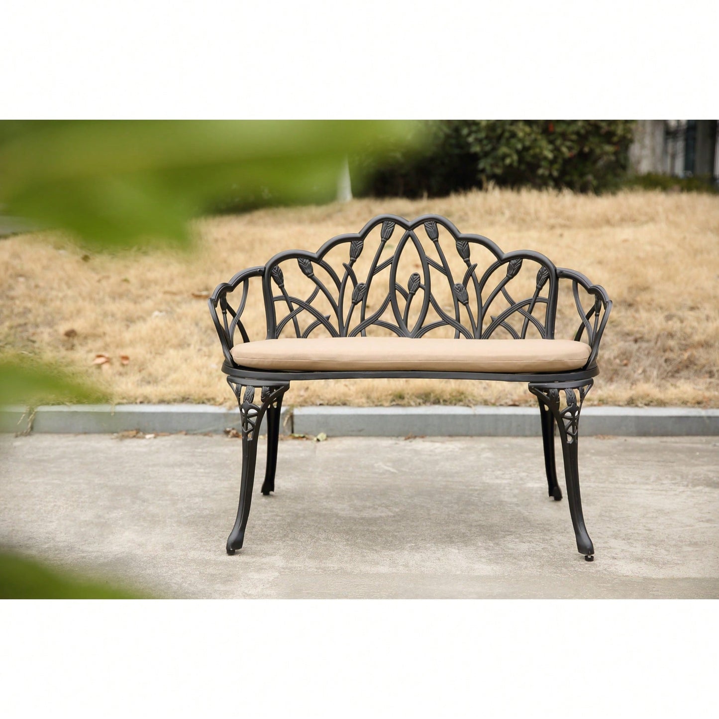 Floral Rose Design Cast Aluminum Outdoor Garden Bench With Cushions For Patio Park Lawn Yard Black