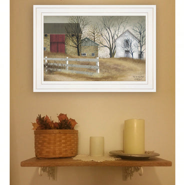 Rustic Framed Print Of Old Stone Barn In White Frame For Farmhouse Decor