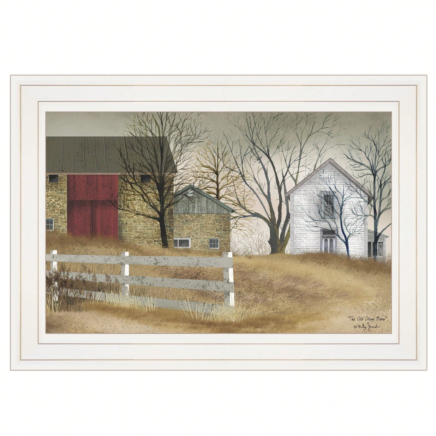 Rustic Framed Print Of Old Stone Barn In White Frame For Farmhouse Decor