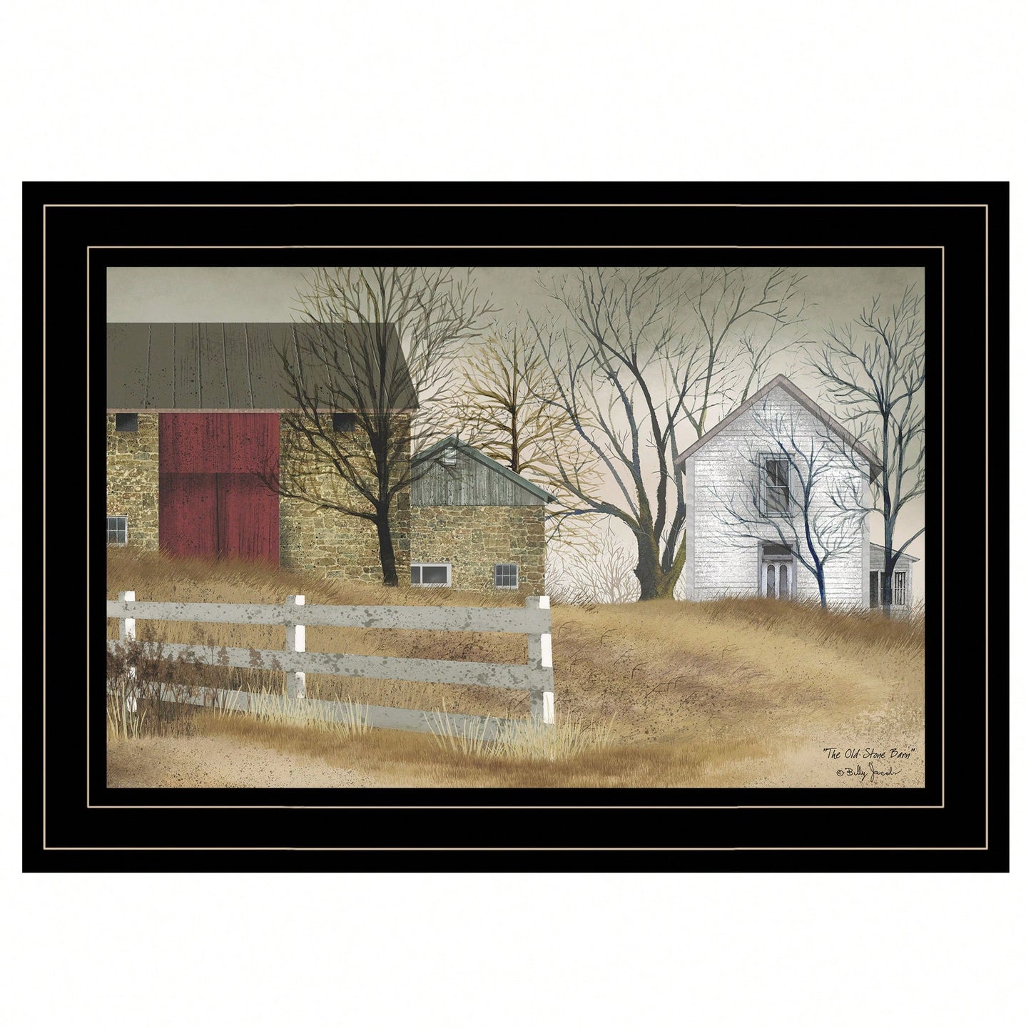 Rustic Autumn Landscape Framed Print Of Old Stone Barn In Black Frame