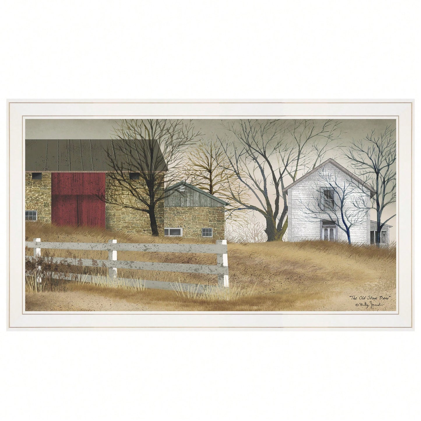Rustic Framed Print Of Old Stone Barn In White Frame For Farmhouse Decor