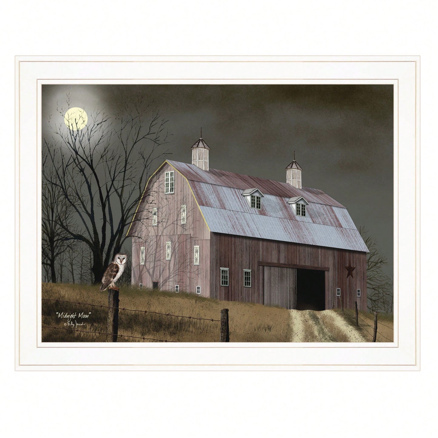 Framed Midnight Moon Landscape Art Print With White Frame For Home Decor
