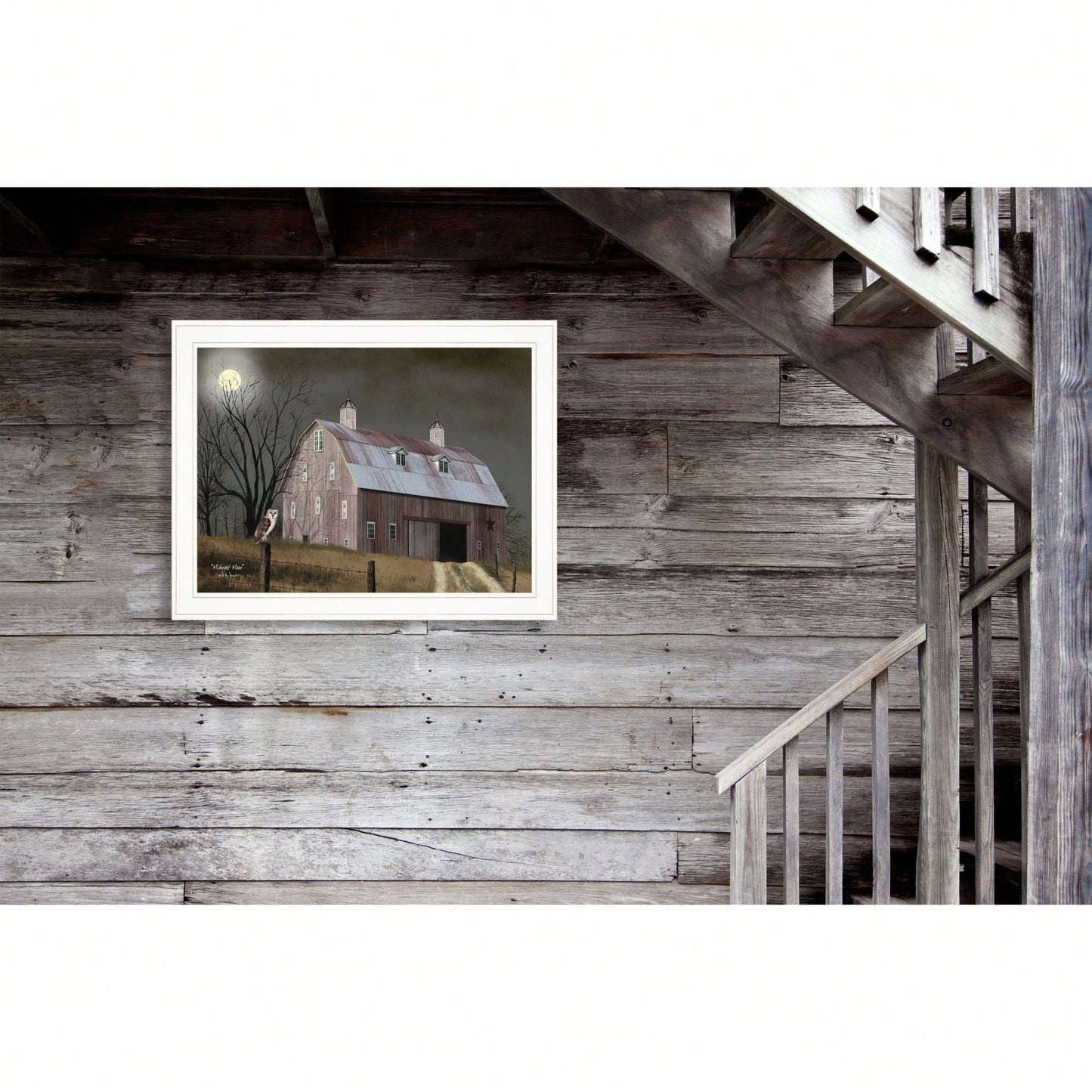 Framed Midnight Moon Landscape Art Print With White Frame For Home Decor