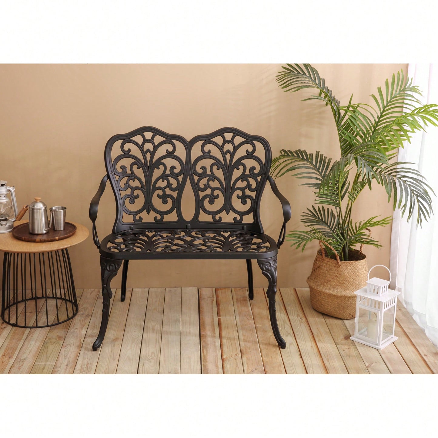 Elegant Floral Rose Design Cast Aluminum Outdoor Garden Bench For Patio Park Lawn Yard Black