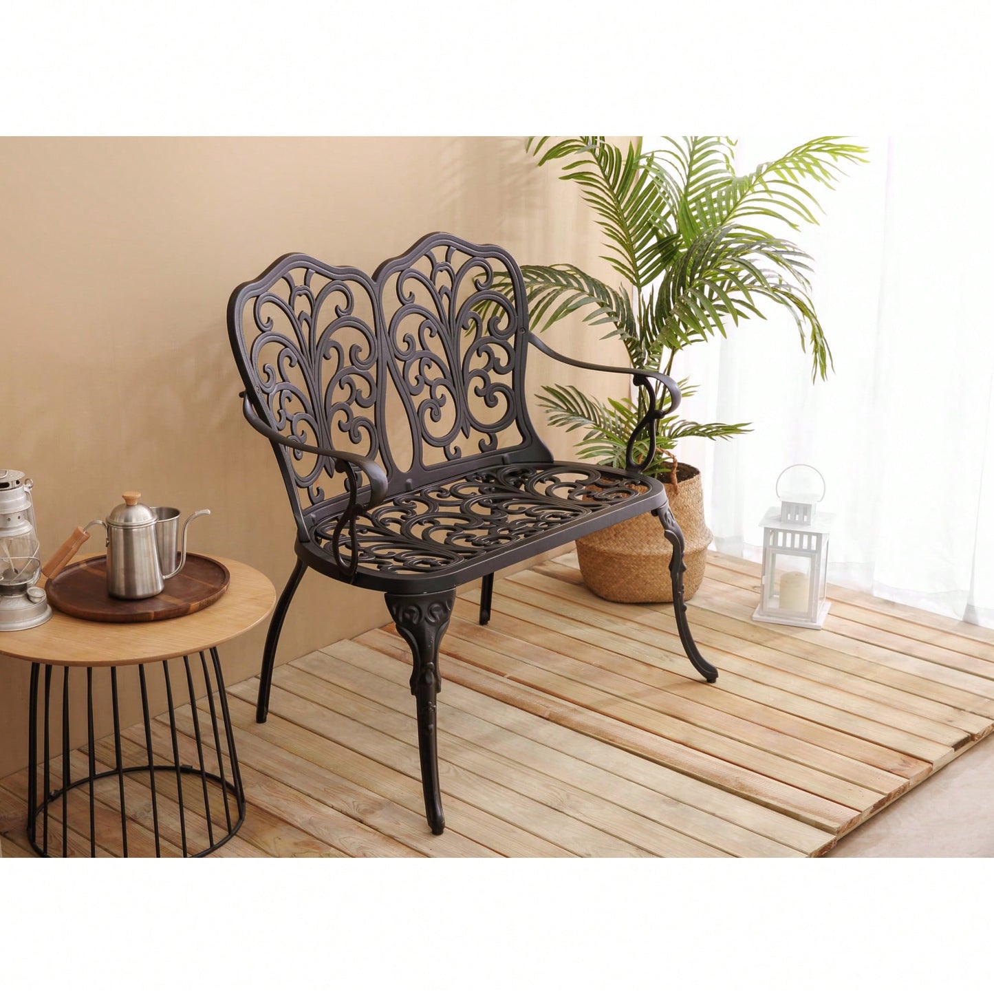 Elegant Floral Rose Design Cast Aluminum Outdoor Garden Bench For Patio Park Lawn Yard Black